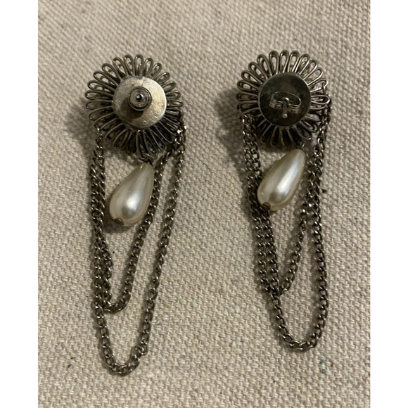 Vintage Silver Tone Starburst Floral Pierced Earrings Faux Pearl Crystal Accents - Picture 4 of 5